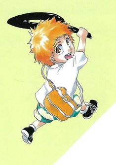 an anime character flying through the air holding a tennis racquet over his head