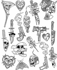 a bunch of tattoos drawn in black and white