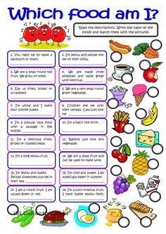 a poster with words and pictures to describe which food am i? in english or spanish