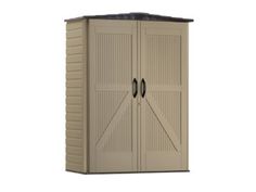 an outdoor storage shed with two doors