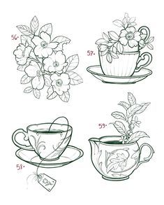 three tea cups with flowers in them