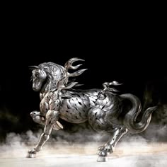 a metal horse is standing on its hind legs in front of a black background with steam coming from it