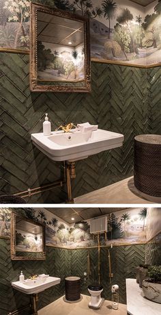 two pictures of a bathroom with green wallpaper and white sink in the middle one has palm trees on it