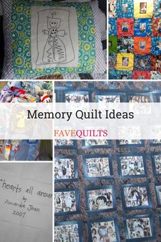 many different pictures with the words memory quilt ideas written on them and in each photo