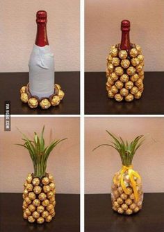 four pictures of pineapples and a bottle of wine in different stages of being decorated