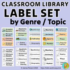 the classroom library label set by gene / topic for children's literature and reading