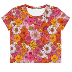 Looking for your new favorite addition to your wardrobe? Then you don't have to look any further, because this printed crop T-shirt is sewn to fit exactly. Plus, the original all-over design is definitely worth showing off, so don't hesitate to buy one of these tees - they're meant to be adored. * 95% polyester, 5% elastane (fabric composition may vary by 1%) * Premium knit, mid-weight jersey * Four-way stretch fabric that stretches and recovers in the crotch and length directions * Regular fit Vintage Cropped T-shirt With Graphic Print For Summer, Retro Pink Printed T-shirt, Retro Short Sleeve T-shirt With Floral Print, Vintage All-over Print Top For Spring, Retro Fitted Top With All Over Print, Vintage Summer Tops With All Over Print, Vintage Graphic Print Summer Crop Top, Vintage Summer Crop Top With Graphic Print, Vintage Graphic Print Crop Top For Summer