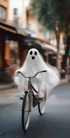 a ghost riding a bike down the street