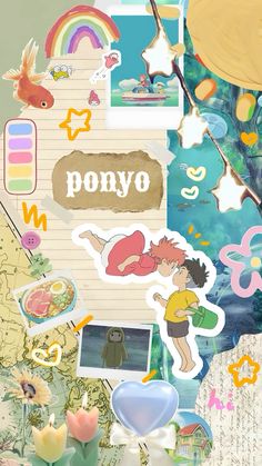 the collage has many different pictures and stickers on it's side, including an image of ponyo