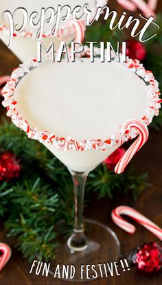 peppermin martini with candy canes on the rim and text overlay reads peppermin martini