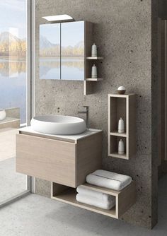 a bathroom with a sink, mirror and shelves