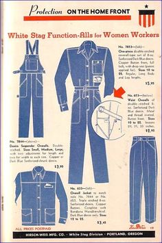 WW2 Women's workwear denim. This was a magazine that showed clothes that women coud buy to work in with the prices. Denim Suspenders, Workwear Vintage, Denim Workwear, Denim Projects, Vestidos Vintage, Vintage Style Outfits