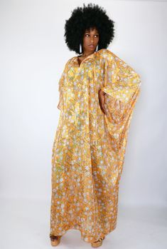 Gorgeous caftan that has lines of sparkle! Slightly see-through chiffon makes this a perfect cover for a swimsuit or a glamorous house dress. *Emorie Jordon original. One of a kind. One Size fits all. Long Sleeve Silk Beach Dress, Silk Long Sleeve Beach Cover-up Dress, Bohemian Sheer Maxi Dress For Festival, Yellow Evening Kaftan, Yellow Flowy Beachwear Dress, Beachwear Dress With Silk Kimono Sleeves, Sheer Beachwear Dress For Festivals, Sheer Beachwear Festival Dress, Sheer Long Vacation Dress