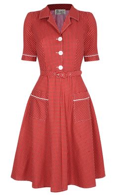 Utility Dress- Red 1950s. Love the pockets and matching trim on the sleeves! Rockabilly Clothes, Stylish Cravings, Lindy Hop, Swing Dance, Vestidos Vintage, 1950s Dress, 1940s Fashion, House Dress