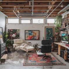 28 Garages Transformed into Cozy Nooks for Creatives Office In The Garage, Repurposed Architecture, Cozy Nooks, Garage Office, Maximalism, Country Charm, Cozy Nook