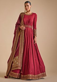 Maroon Red Embroidered Tussar Anarkali set Prevasu - Fabilicious Fashion Maroon Anarkali Dress, Reception Anarkali, Traditional Anarkali, Maroon Anarkali, Indian Wedding Dress Traditional, Pink Anarkali Suits, Anarkali Designs, Red Anarkali, Indian Luxury