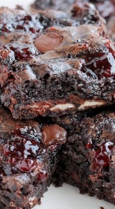 chocolate cherry brownies stacked on top of each other