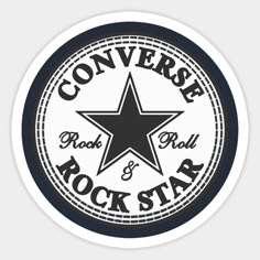 the converse rock and roll star logo is shown in black on a white circular sticker