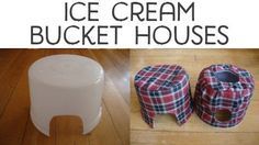 ice cream bucket houses made out of toilet paper and other items that are on the floor