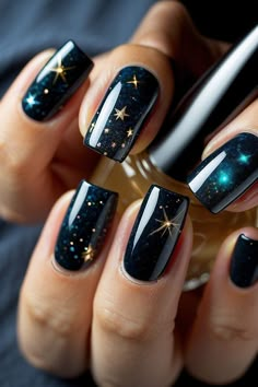 50 Fabulous Summer Nail Ideas That Will Make You Stand Out! Black Blue And Gold Nails, Nail Ideas Space, Starry Night Prom Nails, Night Court Inspired Nails, Starcatcher Nails, Night Court Nails Acotar, Dark Acrylic Nails Designs, Night Inspired Nails, Night Court Nails