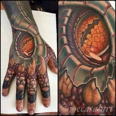 a hand with some tattoos on it and an image of a flower in the middle