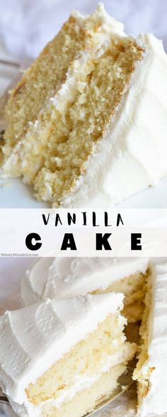 two slices of vanilla cake with white frosting on the top and one slice missing