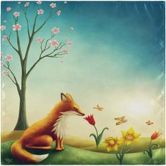 a painting of a fox sitting in the grass next to a tree with flowers on it