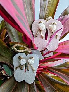 two heart shaped seashells are attached to the top of a plant with pink leaves