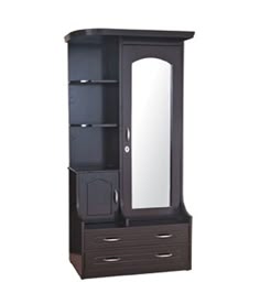 an armoire with two drawers and a mirror on the top shelf, against a white background