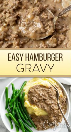 hamburger gravy on top of mashed potatoes with a side of green beans Hamburger Dinner Ideas Easy, Meat For Mashed Potatoes, Easy Hamburger Gravy Recipes, Hamburger Gravy On Toast, Hamburger Meat And Mash Potatoes Recipes, Hamburger Gravy Over Mashed Potatoes Ground Beef Easy Recipes, Ground Beef Gravy Noodles, Ground Beef Brown Gravy Mashed Potatoes, Hamburger Gravy Over Toast