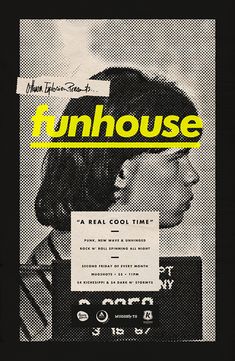 an advertisement with the words funhouse in yellow and black on it's side