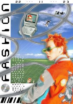 a man with red hair and sunglasses standing in front of an advertisement for the nintendo wii