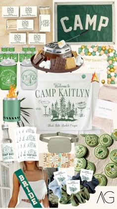 a collage of green and white items with the words camp written on them,