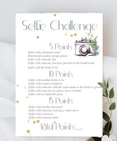 a sign that says selfie challenge 5 points with flowers in front of it and gold confetti around the edges