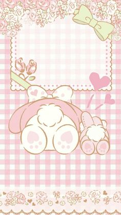 a pink teddy bear sitting on top of a checkered tablecloth with flowers and hearts