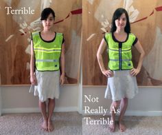 two pictures of a woman standing in front of a painting and wearing a safety vest