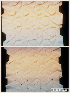 two pictures of white origami paper stacked on top of each other