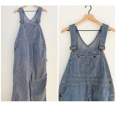 "A pair of 1960s 1970s Big Mac Square Bak engineer stripe denim overalls, Waist 36. These authentic vintage overalls have original tag to the back, Big Mac copper buttons and button fly front. Adjustable straps. From a Tuscaloosa artist's estate. Brand: Big Mac Size label: 4 Excellent vintage condition, light wear, missing one side button Measurements taken with garment laying flat Waist taken at waistband: 18\"w (36\") Hips: 20\"w (40\") Rise from top of strap to crotch: 29.5\" Length: 54\" Ins Vintage Cotton Medium Wash Shortalls, Vintage Cotton Denim Jumpsuit With Button Closure, Vintage Cotton Denim Jumpsuit In Medium Wash, Vintage Blue Shortalls, Retro Bib Front Denim Jumpsuit, Retro Cotton Denim Jumpsuit With Bib Front, Retro Spring Overalls With Bib Front, Vintage Blue Cotton Shortalls, Blue Vintage Cotton Shortalls