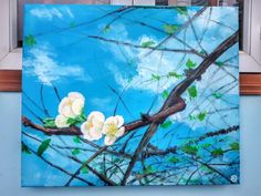 a painting of white flowers on a tree branch with blue sky in the back ground