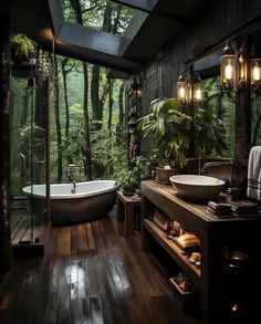 a bathroom that has a large tub in it