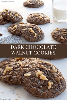 chocolate cookies with walnuts and milk on the side