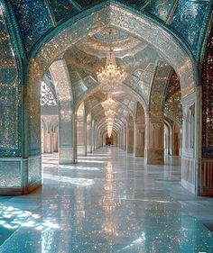 an ornate hallway with chandelier and marble flooring is shown in this image