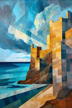 an abstract painting of a castle by the ocean with blue sky and clouds in the background