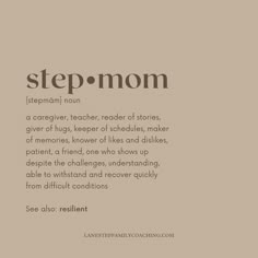 the words stepmom are written in brown and black on a light beige background