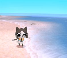 a cartoon cat standing on top of a sandy beach next to the ocean in animal crossing