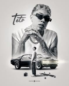 a man standing in front of a car with his hand on his hip and the word teo above him