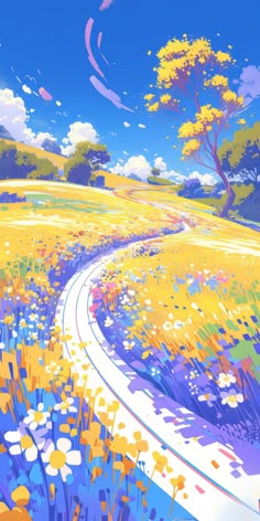 a painting of a field with flowers and trees