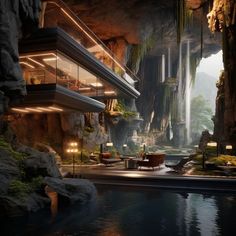 a futuristic house in the middle of a mountain with a pool and waterfall inside it