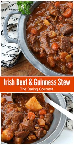 irish beef and guinness stew with carrots in a pot