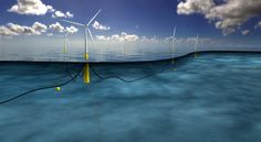 several wind turbines floating in the ocean under a blue sky with white clouds and yellow poles